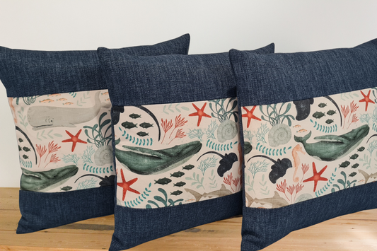 Sea life creatures cushion covers - Navy Border - Set of 3