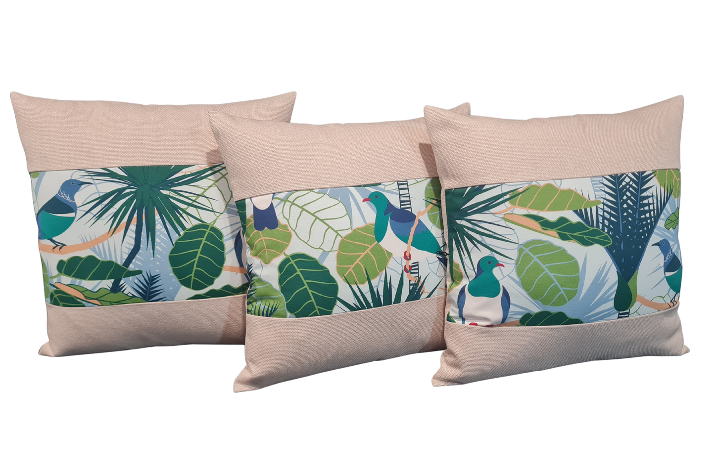 NZ Native Cushion Cover - Kereru & Tui - Linen Border # 2
