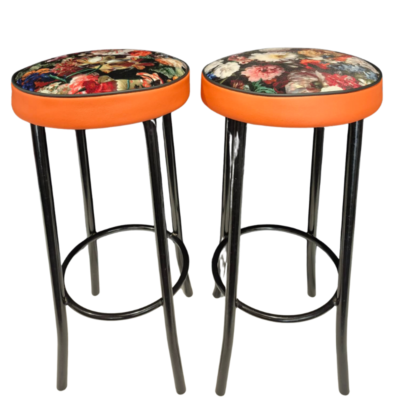 Pair of Upcycled Industrial Bar Stools in Warwick 'Flower Bomb'