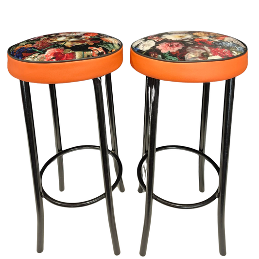 Pair of Upcycled Industrial Bar Stools in Warwick 'Flower Bomb'