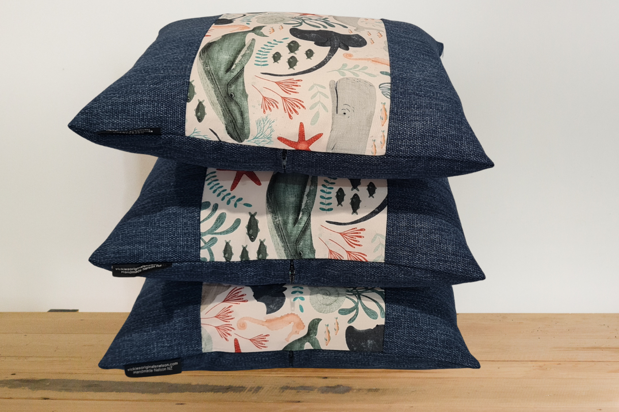 Sea life creatures cushion covers - Navy Border - Set of 3