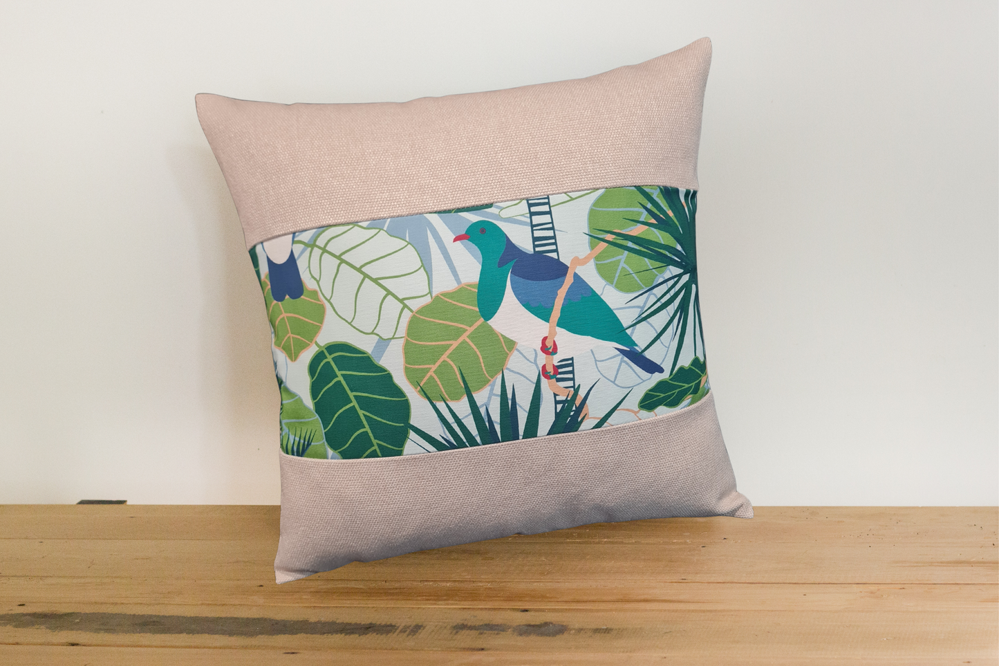 NZ Native Cushion Cover - Kereru & Tui - Linen Border # 2