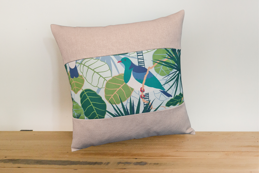 NZ Native Cushion Cover - Kereru & Tui - Linen Border # 2