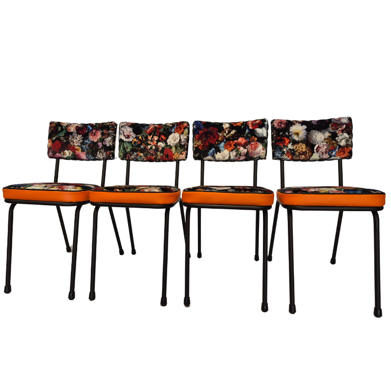 Upcycled 1960s Retro Dining Chairs – One-of-a-Kind Set of 4 "Flower bomb"