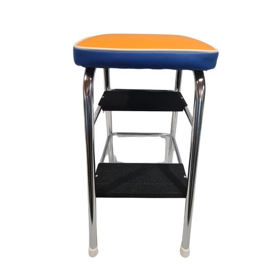Two-step stool with orange top and black steps on a white background