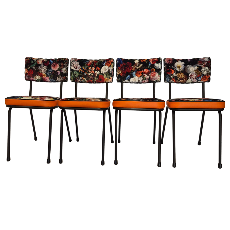 Upcycled 1960s Retro Dining Chairs – One-of-a-Kind Set of 4 "Flower bomb"