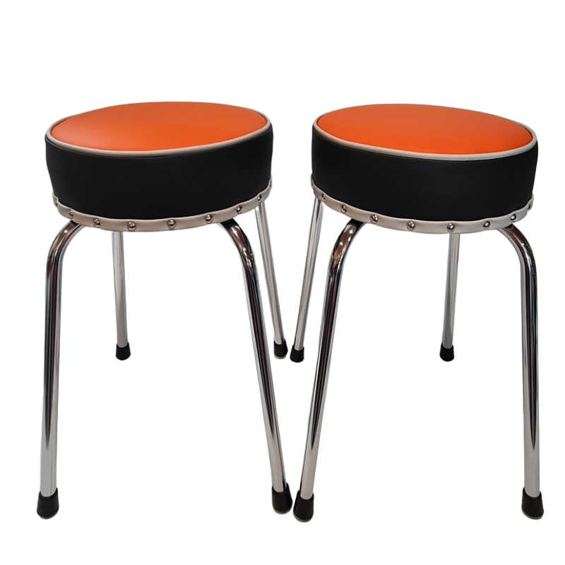 Two stools with orange seats and black backs on a white background