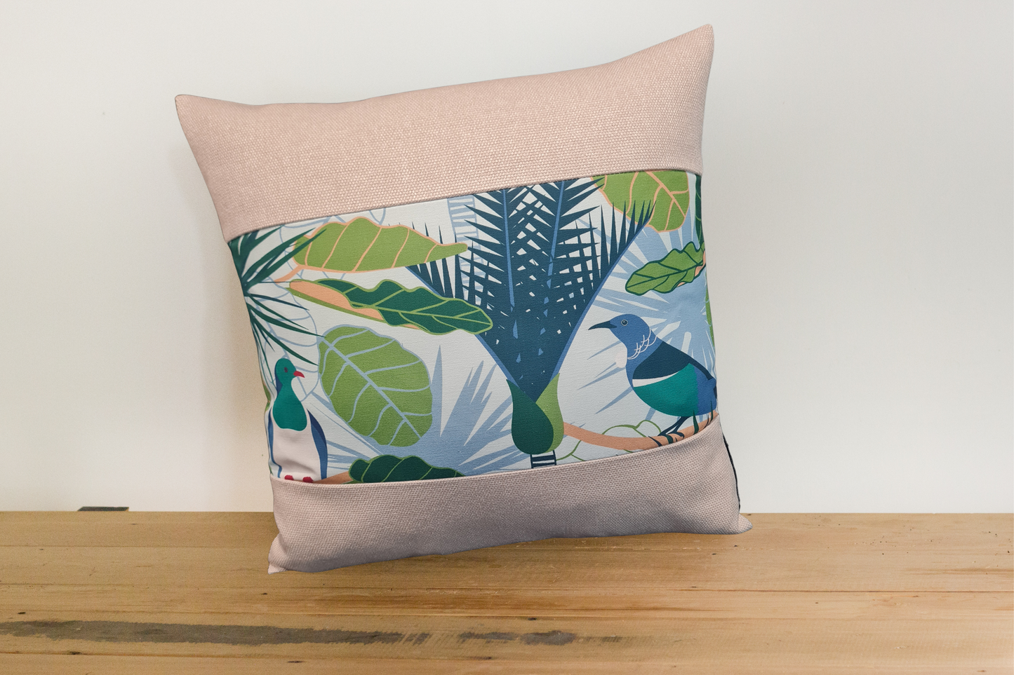 NZ Native Cushion Cover - Kereru & Tui - Linen Border # 2