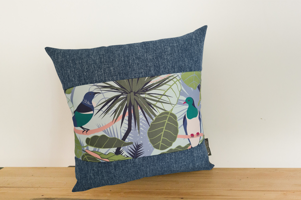 New Zealand Native Cushion Cover - Wood Pigeon & Tui - Boarder # 1