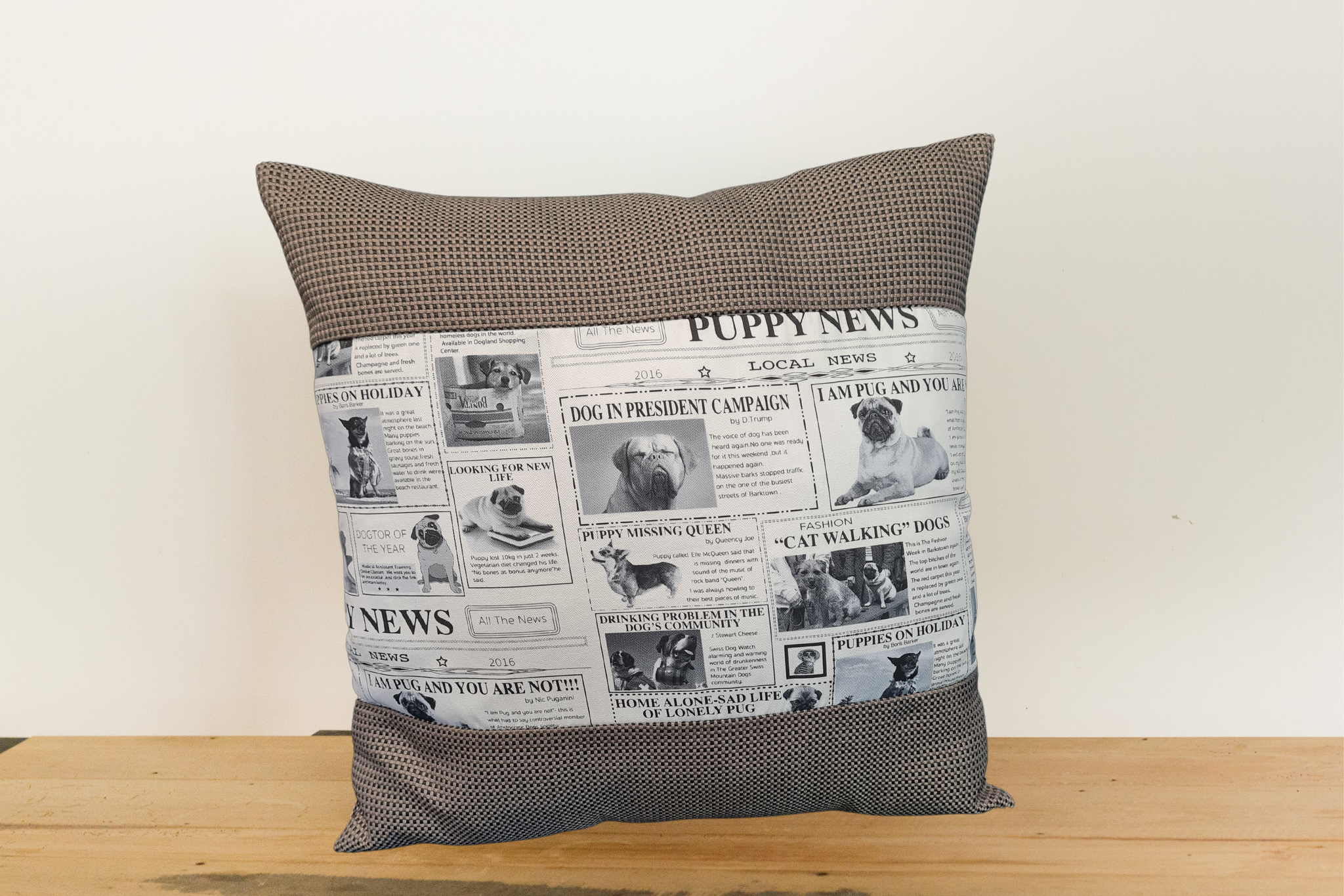 Pug Dog Newspaper Cushion Cover - Gili Chocolate