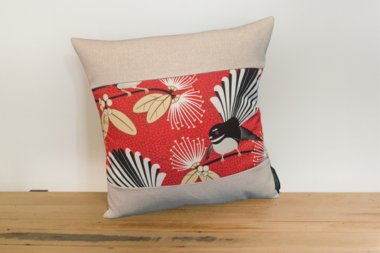 Pīwakawaka /  Fantail Cushion Cover - Linen Border - # A