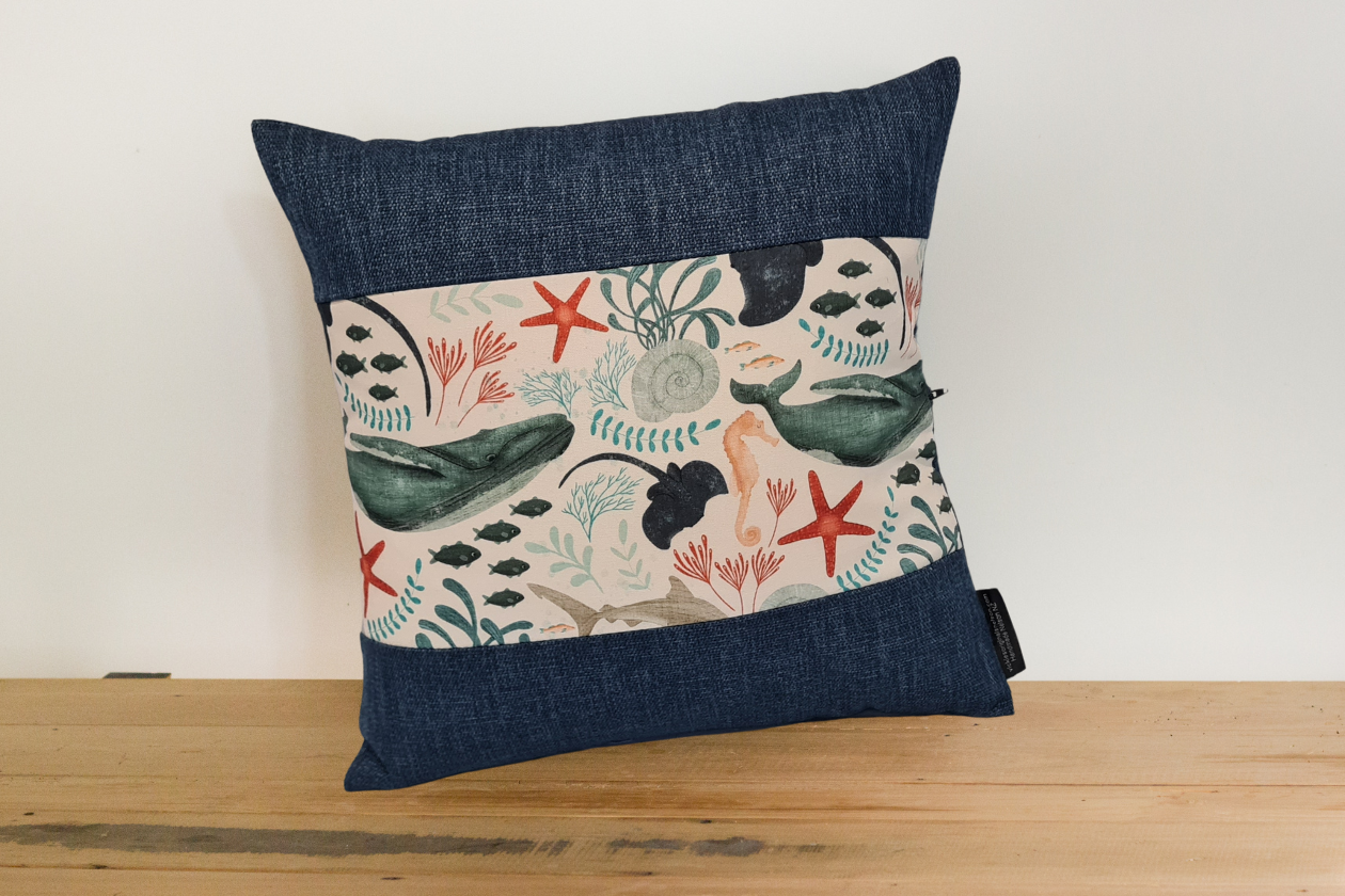 Sea life creatures cushion covers - Navy Border - Set of 3