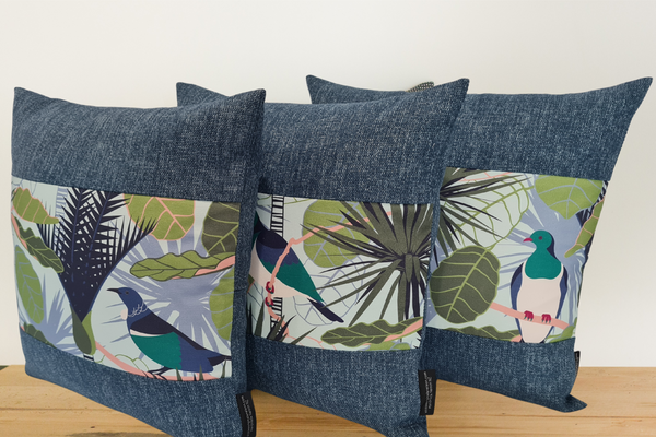 New Zealand Native Cushion Cover - Wood Pigeon & Tui - Boarder # 1