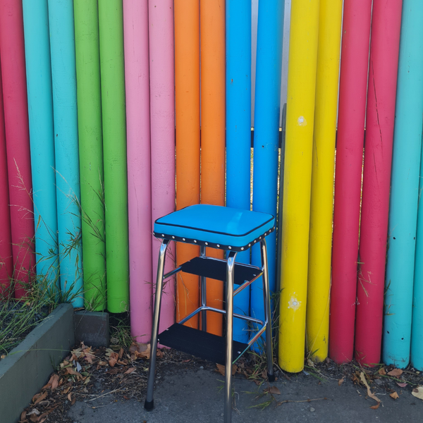 Retro Chrome Step Stool - Seat Blue