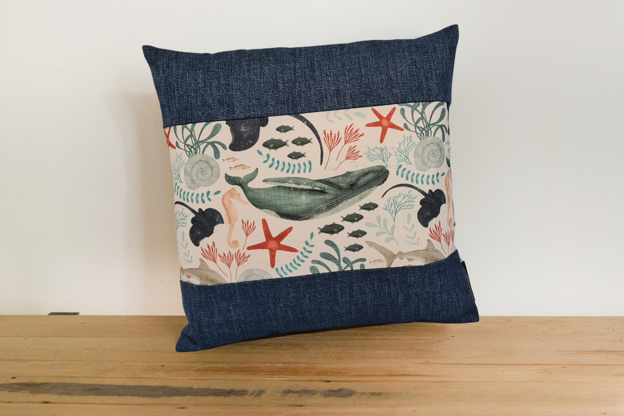 Sea life creatures cushion covers - Navy Border - Set of 3