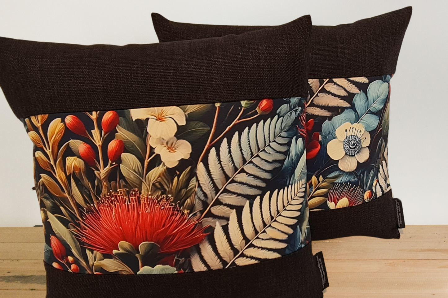 Pohutukawa & Kanuka Cushion Covers - Ebony Border