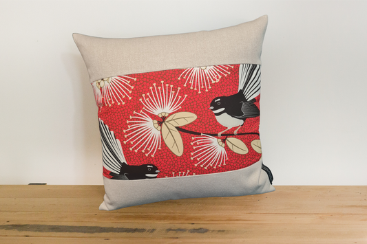Pīwakawaka /  Fantail Cushion Cover - Linen Border - # A