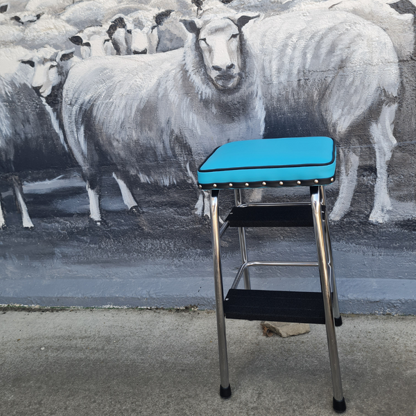 Retro Chrome Step Stool - Seat Blue