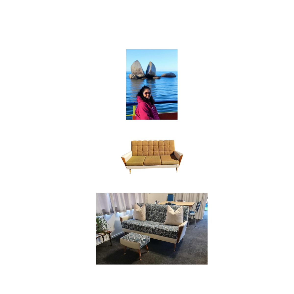 A collage showing three different images. Vickie Davis with Split Apple Rock. Before makeover photo of a mid-century tan sofa with wood arms,  and an after photo of patterned sofa with beige pillows in a showroom. Fabric by Warwicks Fabrics.