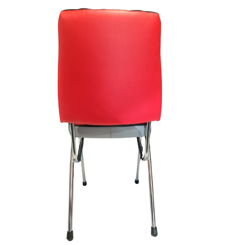 A red upholstered chair with a high back and chrome metal legs, shown from the rear against a plain white background.