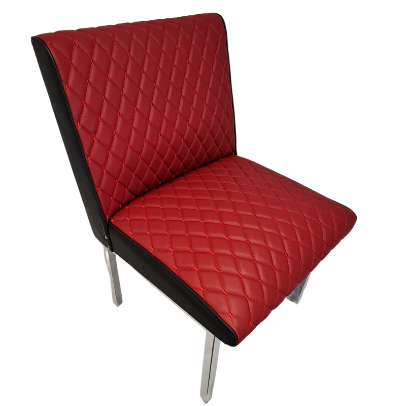 Burgundy quilted chair with black sides on a white background