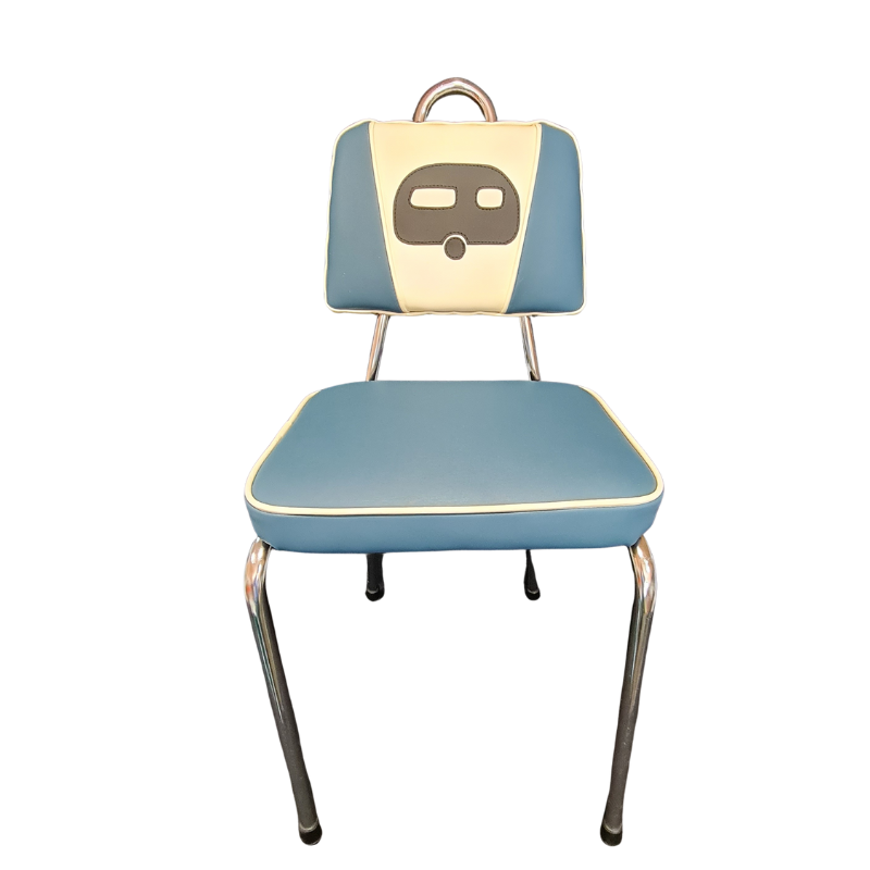 Vintage-style chair with blue seat and backrest with a black caravan and chrome legs on a white background