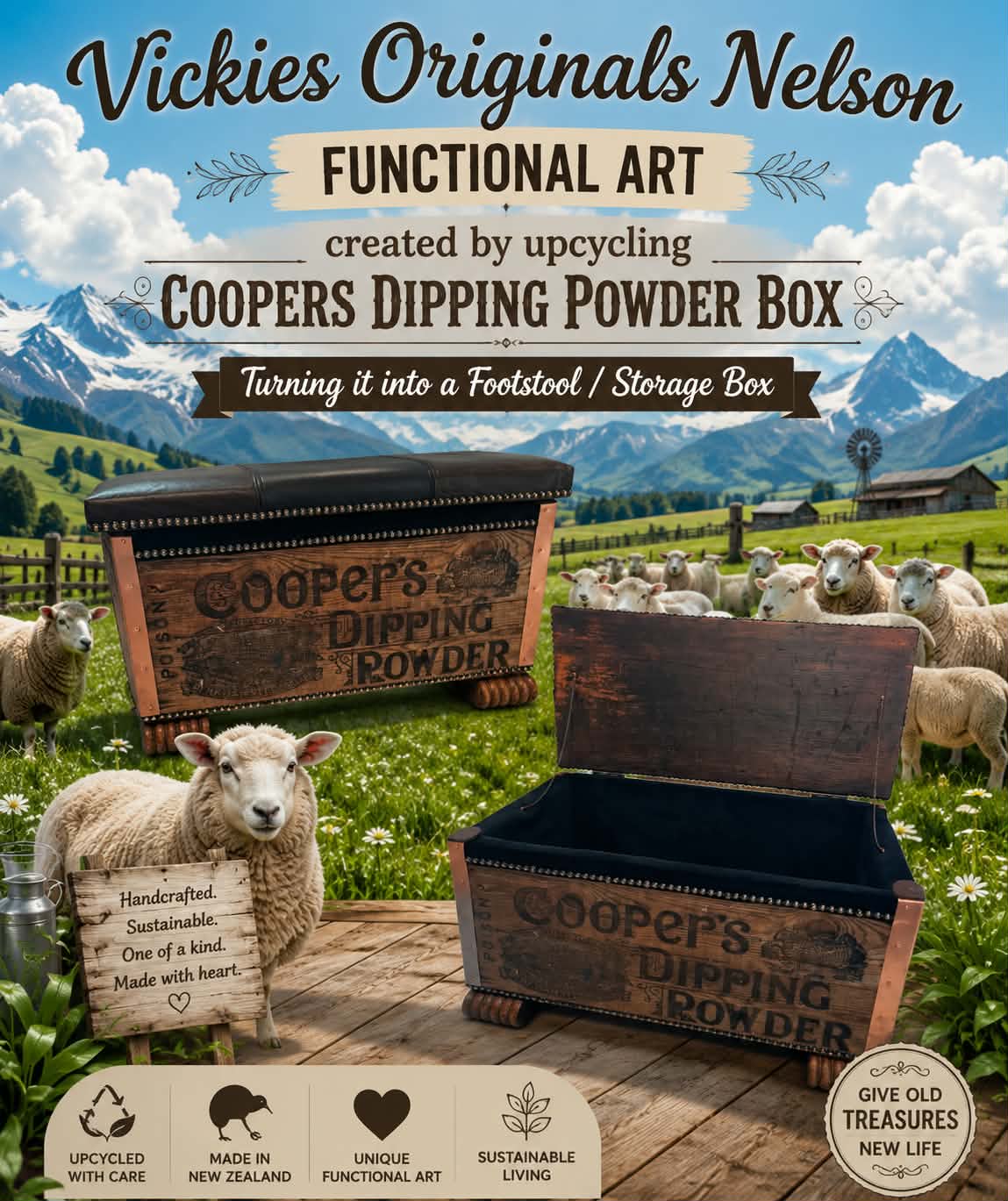 Promotional graphic for a repurposed wooden box labeled 'Cooper's Dipping Powder,' shown in a mountain-and-herb field scene with sheep and text overlays. The image includes 'Vickies Originals Nelson' branding and feature icons for upcycled, sustainable, and made in New Zealand.