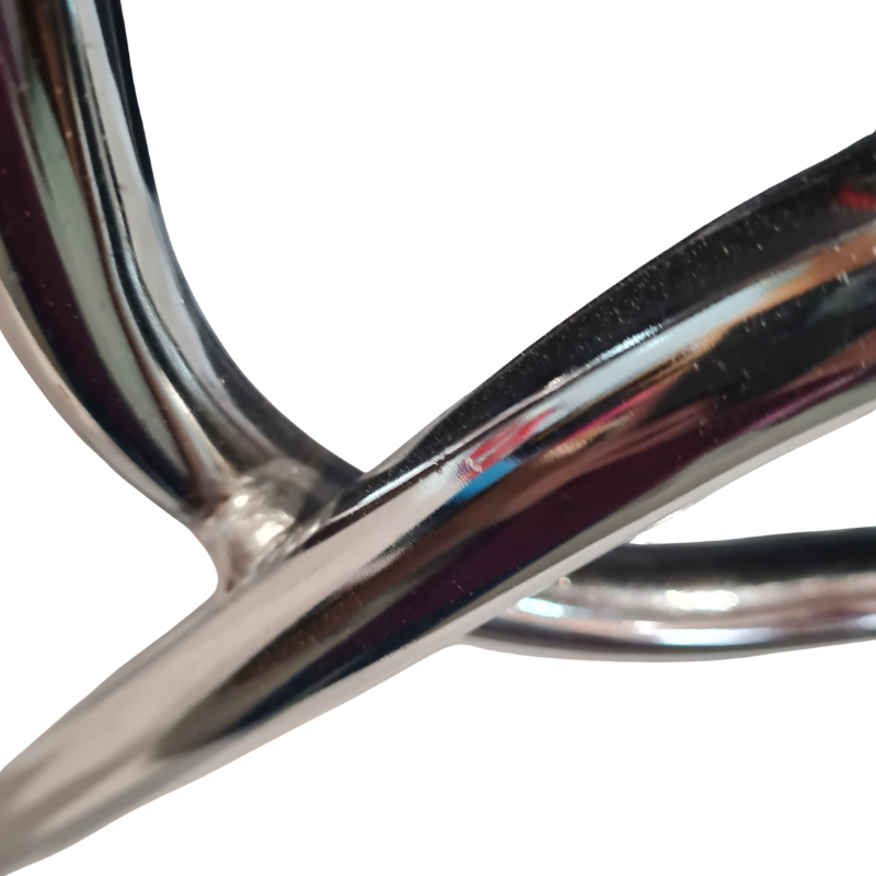Close-up of a polished metallic chrome or stainless steel curved surface with reflections, isolated on a white background.