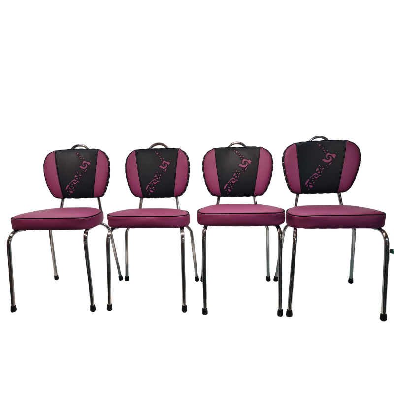 Four purple chairs with black backs with the map of NZ cut out on a white background