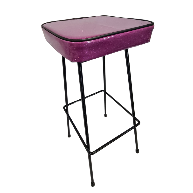 Purple bar stool with black metal legs on a white background