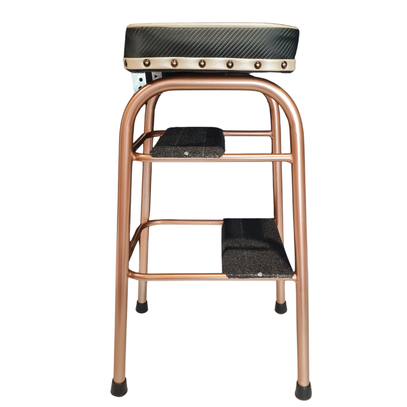 A two-step ladder stool with a copper-colored metal frame, black textured anti slip tape steps, and a cushioned top seat featuring a black carbon-fiber pattern and brass grommets, shown on a white background.