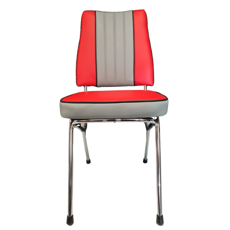 A retro-style dining chair with a red and gryy upholstered seat and backrest, supported by a chrome metal frame with black rubber feet, shown against a plain white background.