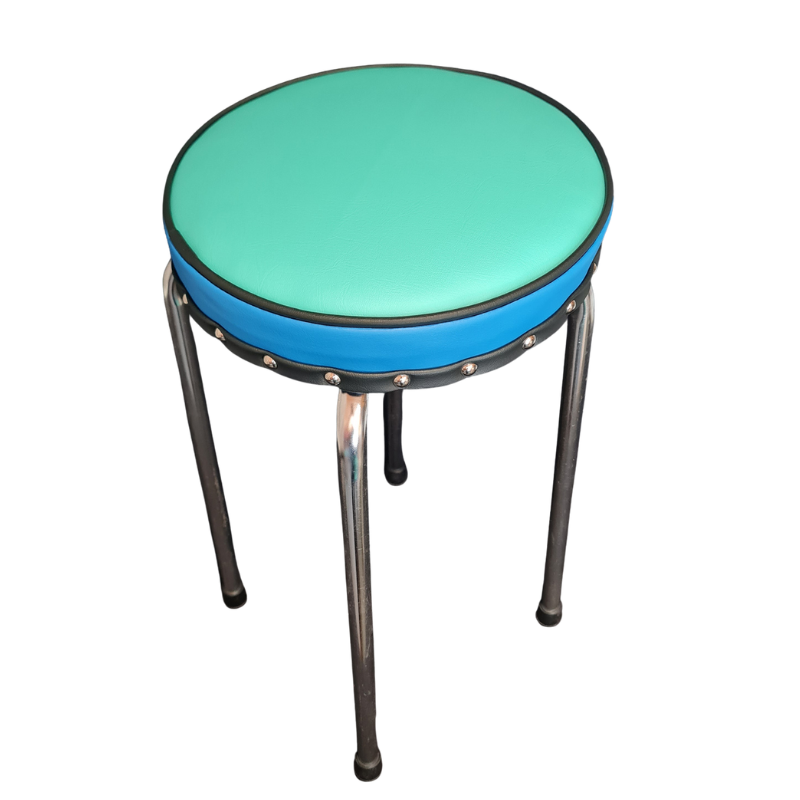 Round stool with a green top and black piping chrome legs on a white background