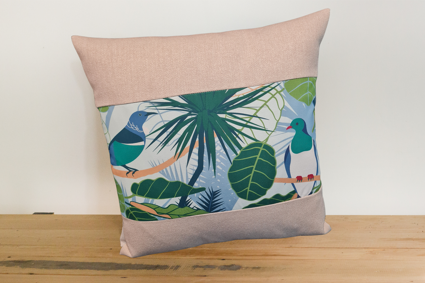 NZ Native Cushion Cover - Kereru & Tui - Linen Border # 2