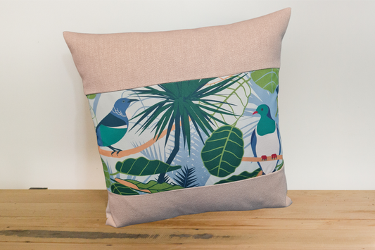 NZ Native Cushion Cover - Kereru & Tui - Linen Border # 3