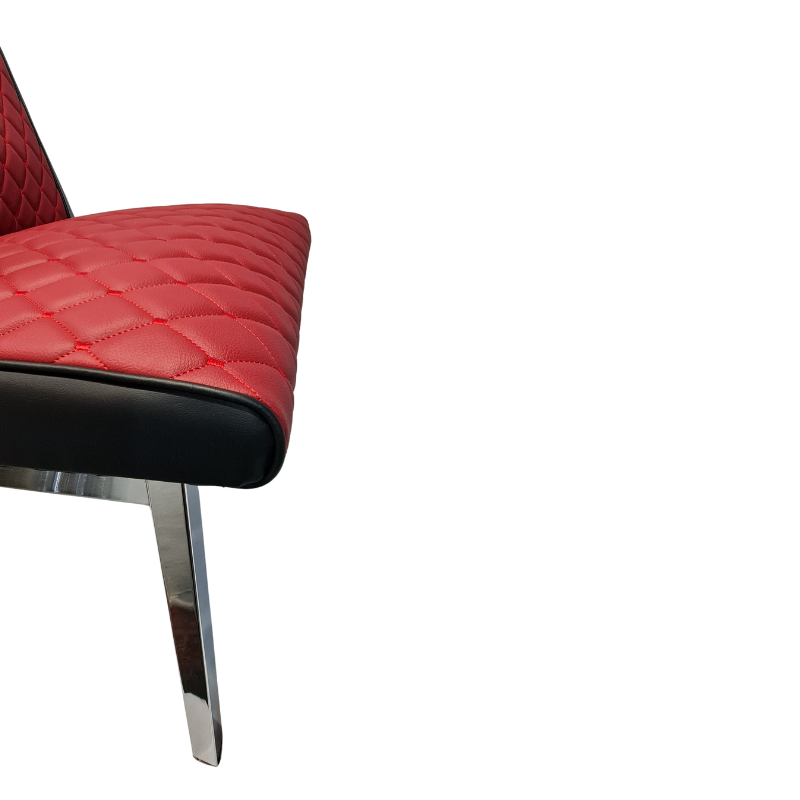 Burgundy quilted chair seat with black frame on a white background