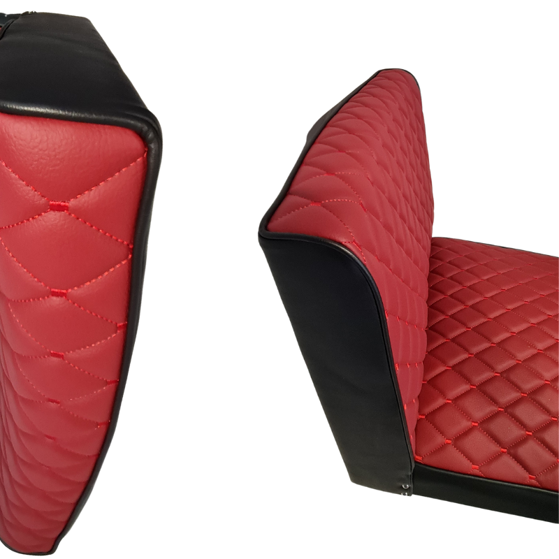 Burgundy quilted chairs with black edges on a white background