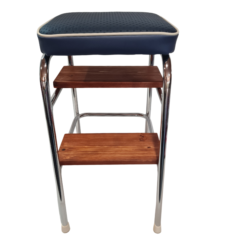 Step stool with wooden steps and a blue cushioned seat on a white background