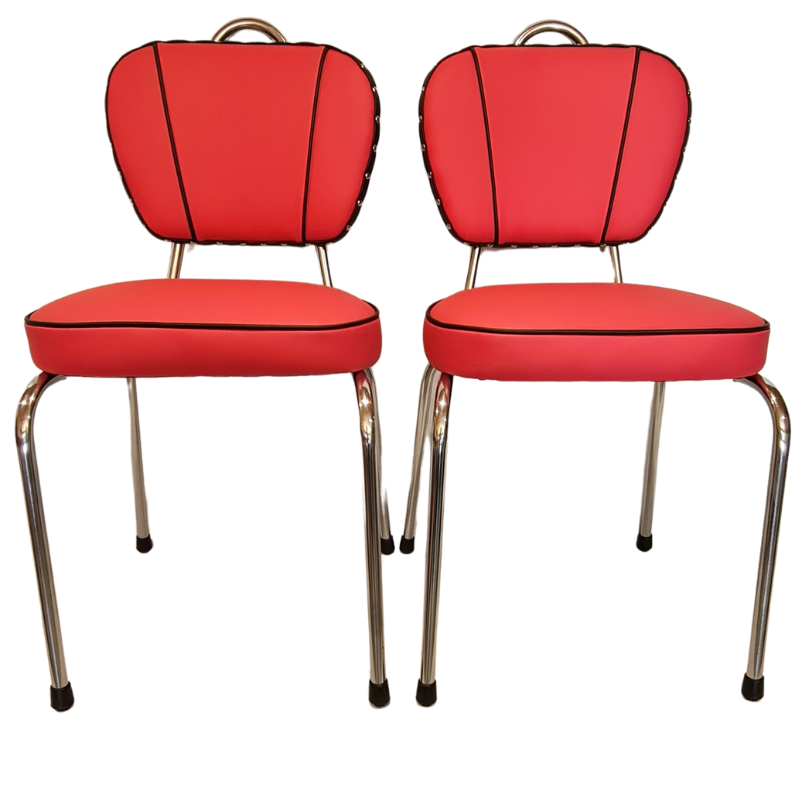 Two bright pink chairs with chrome frames on a white background