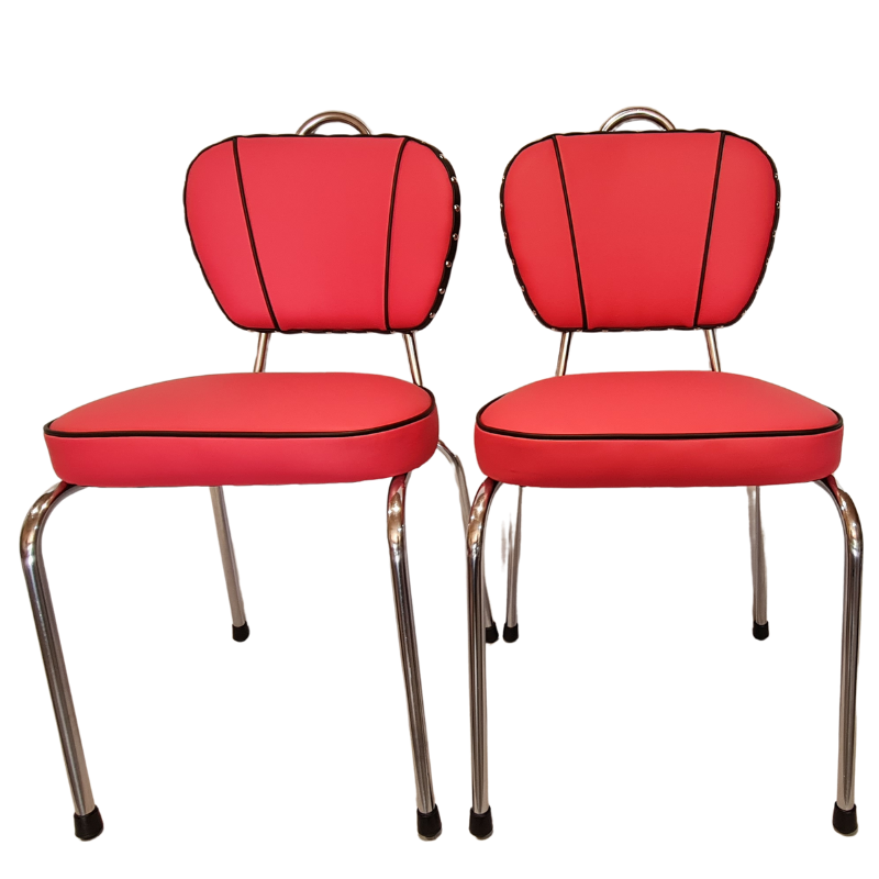 Two hot pink cushioned chairs with chrome frames on a white background
