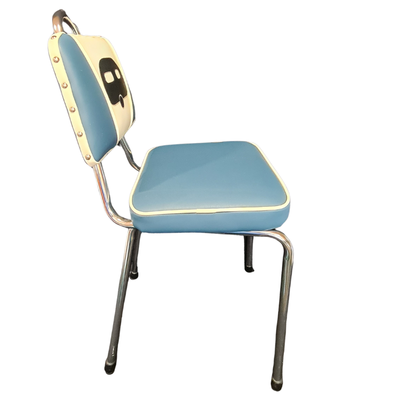 Vintage-style chair with blue seat and backrest on a white background