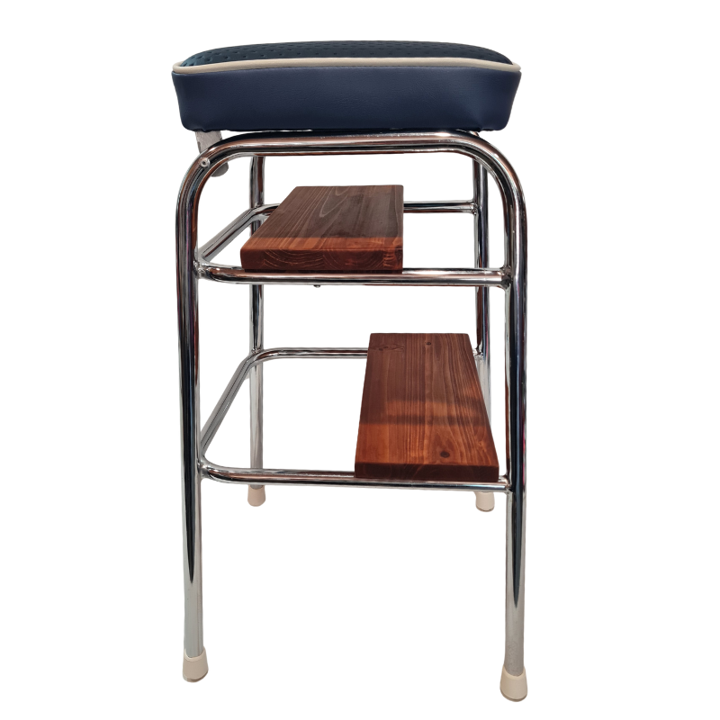 Step stool with metal frame, wooden seats, and blue cushion on a white background