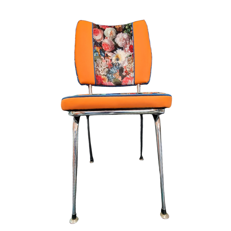 Chair with orange seat and floral backrest on a white background