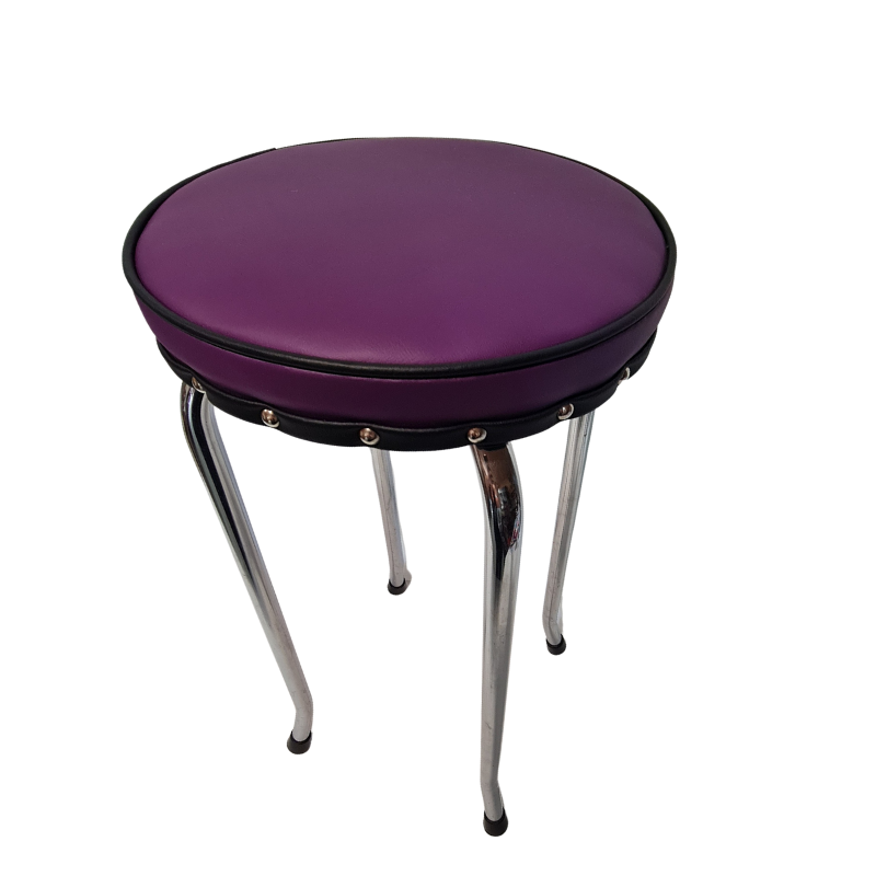 Round purple stool with metal legs on a white background
