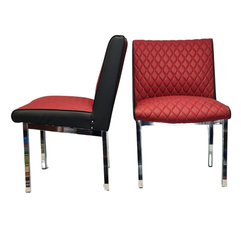 Two chairs with burgundy and black seats on a white background
