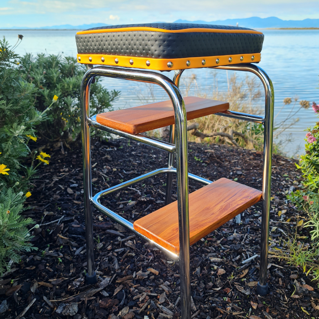 Retro Chrome Step Stool - Seat - Wooden Steps
