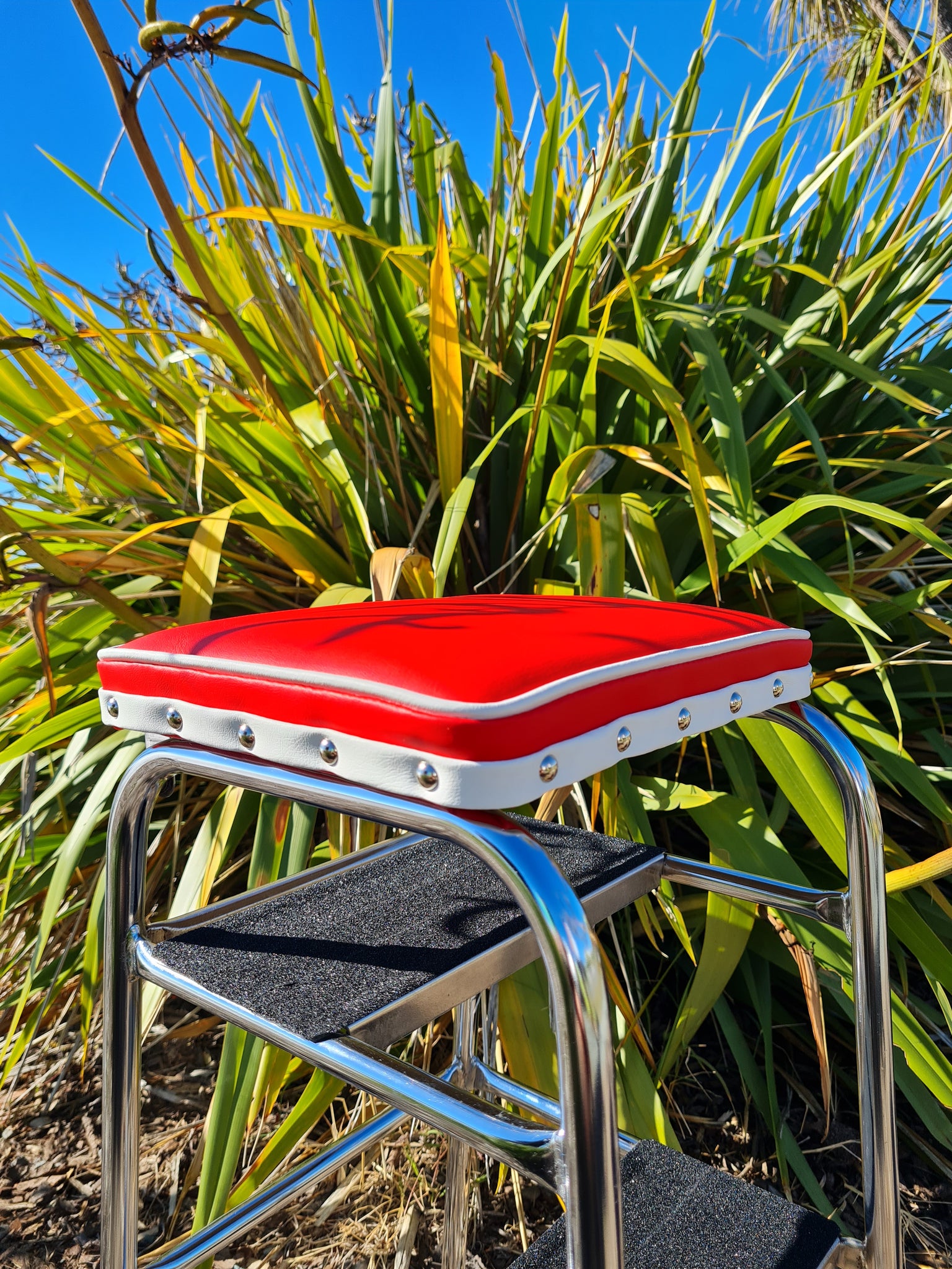 Retro Chrome Step Stool - Seat - Red with White Piping
