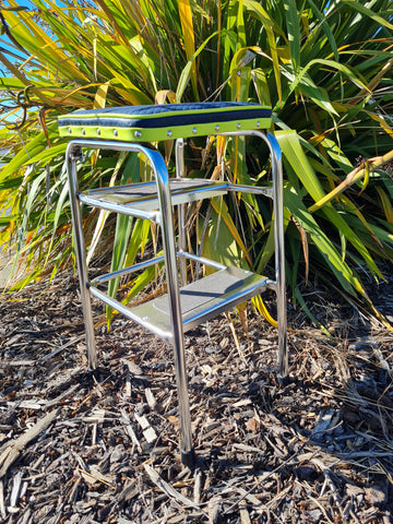 Retro Chrome Step Stool - Seat - Blue with Lime Piping
