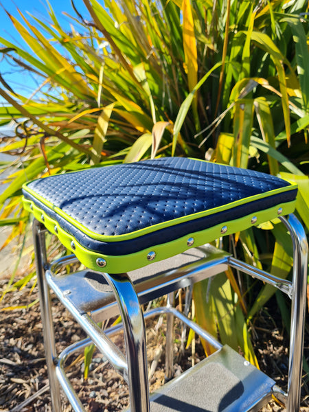 Retro Chrome Step Stool - Seat - Blue with Lime Piping