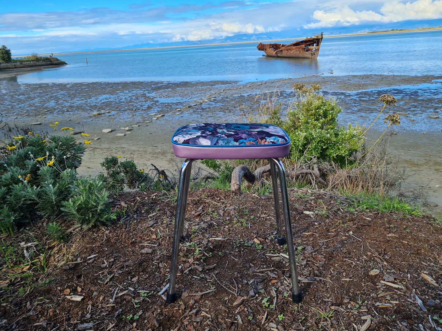 Retro Chrome Stool - Seat - Flower bomb - Blues